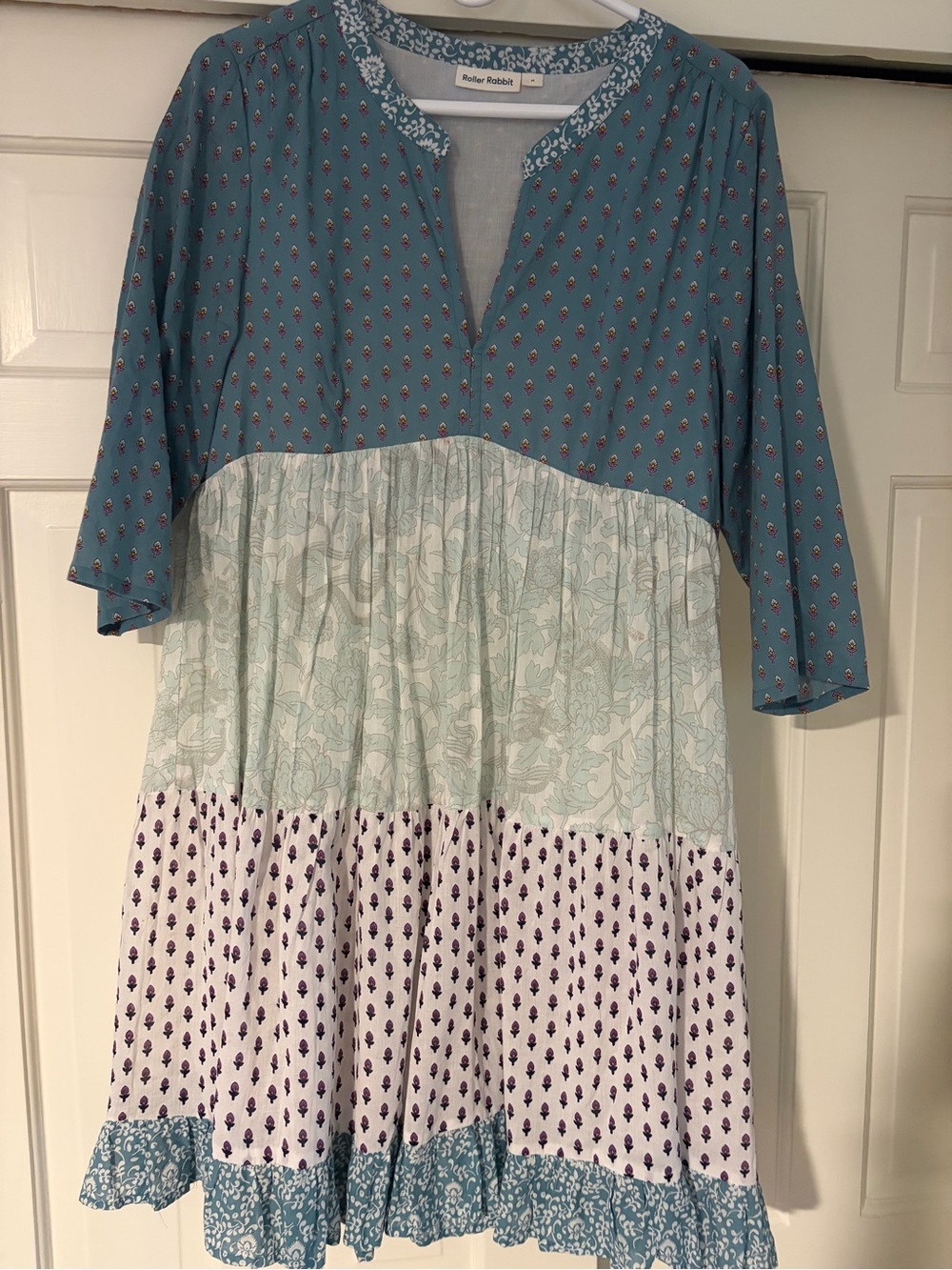 Roller Rabbit Teal, Mint & White Tiered Patchwork women’s Dress/cover up